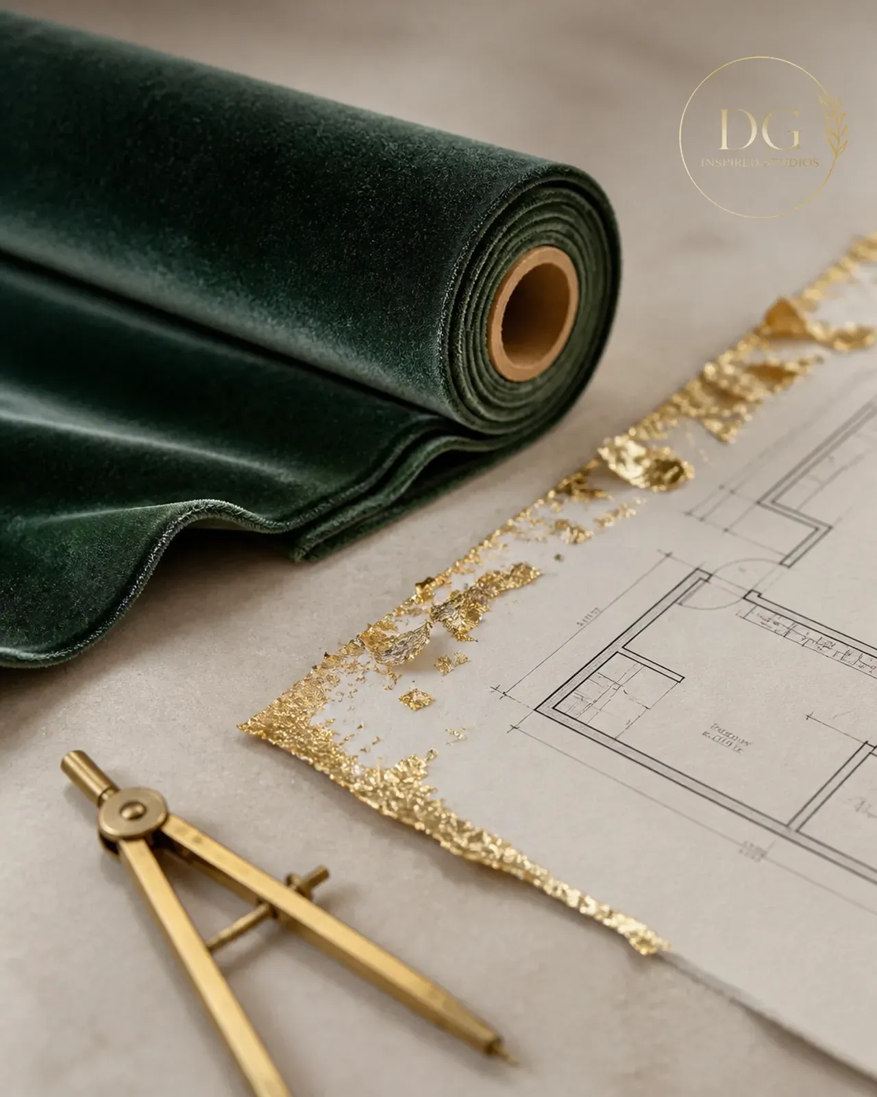 Deep green velvet, gold leaf, an architectural blueprint, and a brass drawing compass