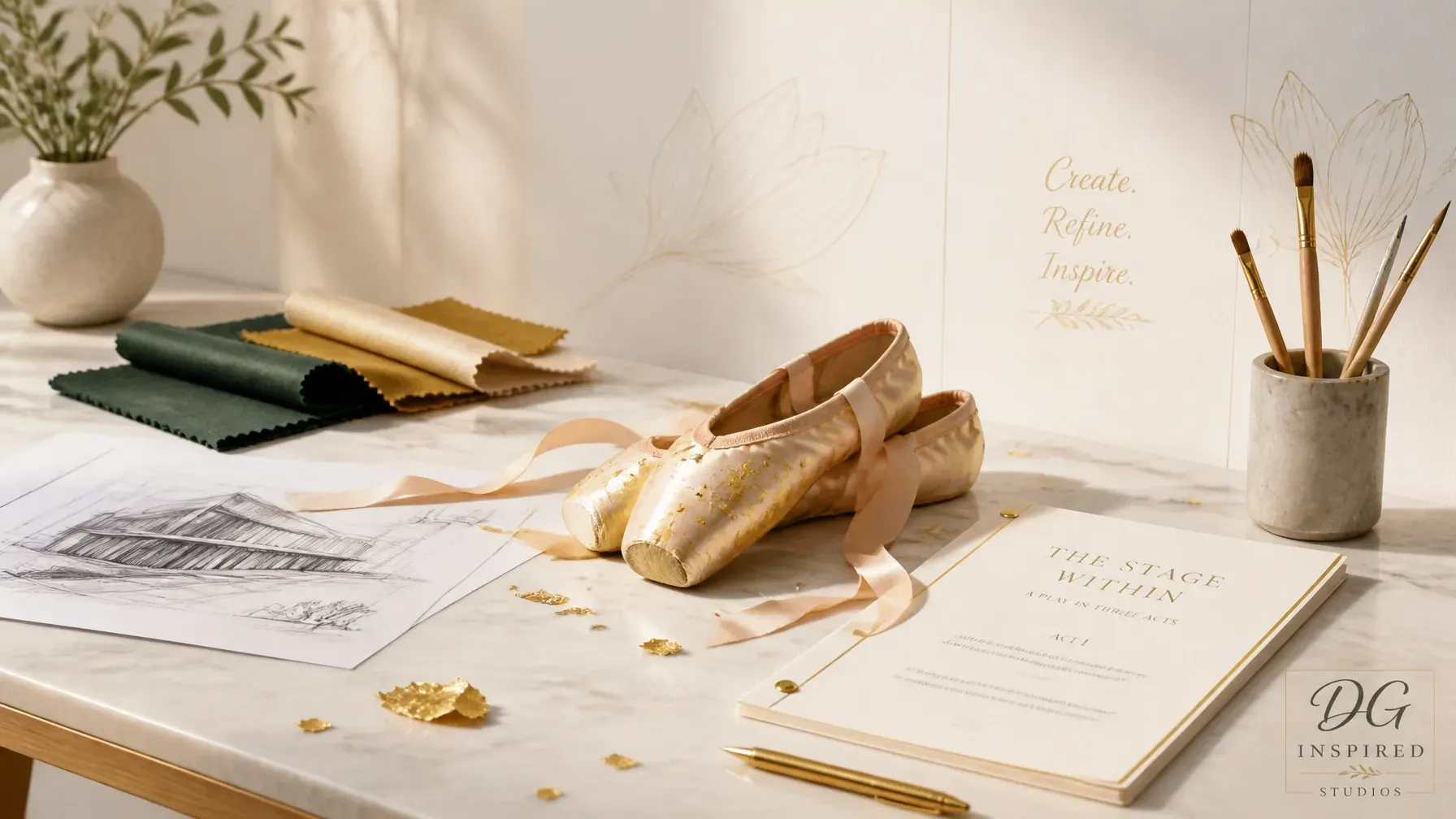 Gold ballet pointe shoes, artist brushes, green and gold fabric swatches, sketches, and a folded card on a marble desk