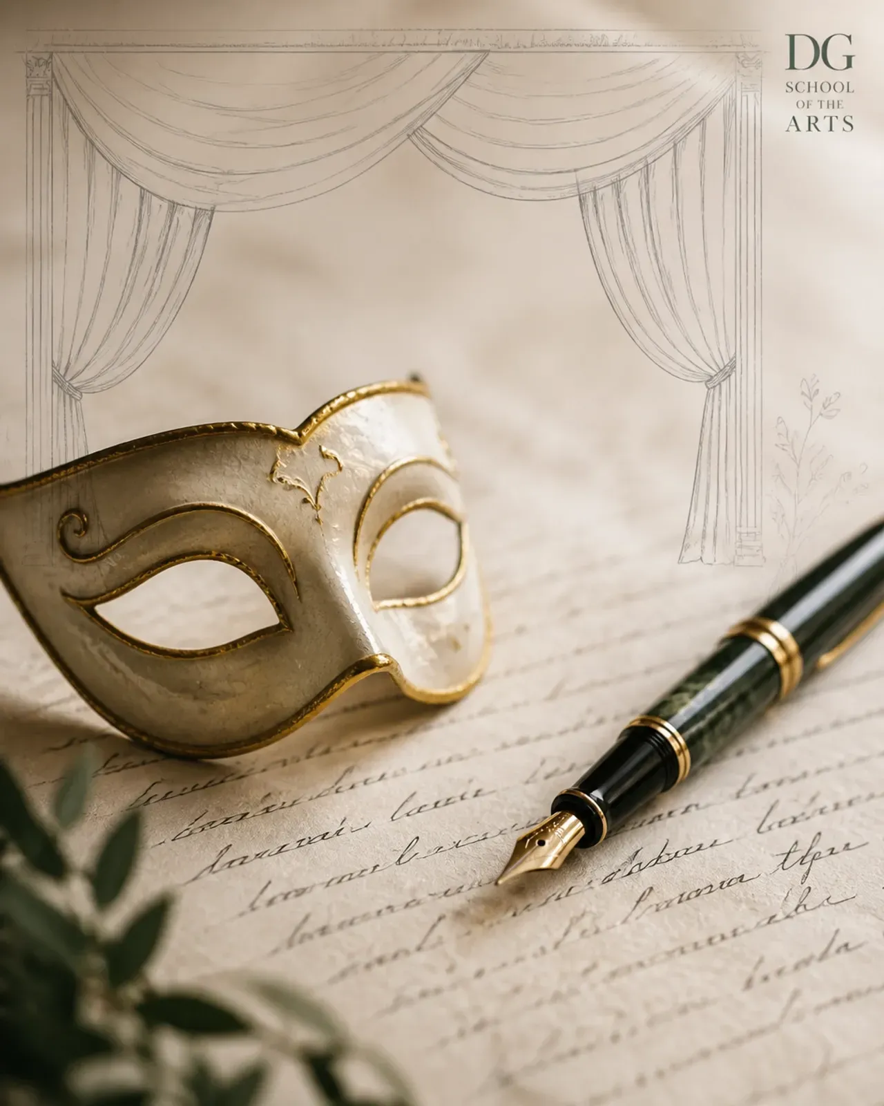 A gold-trimmed theatre mask beside a green and gold fountain pen on handwritten script